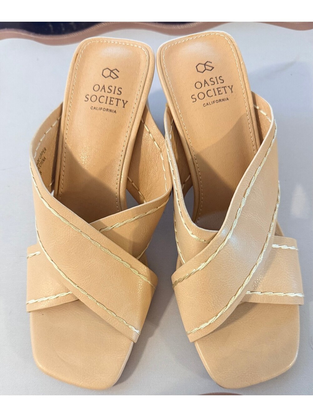 Oasis Society Nude Cross Strap Block Heel Slide Sandals Women's Size 7.5